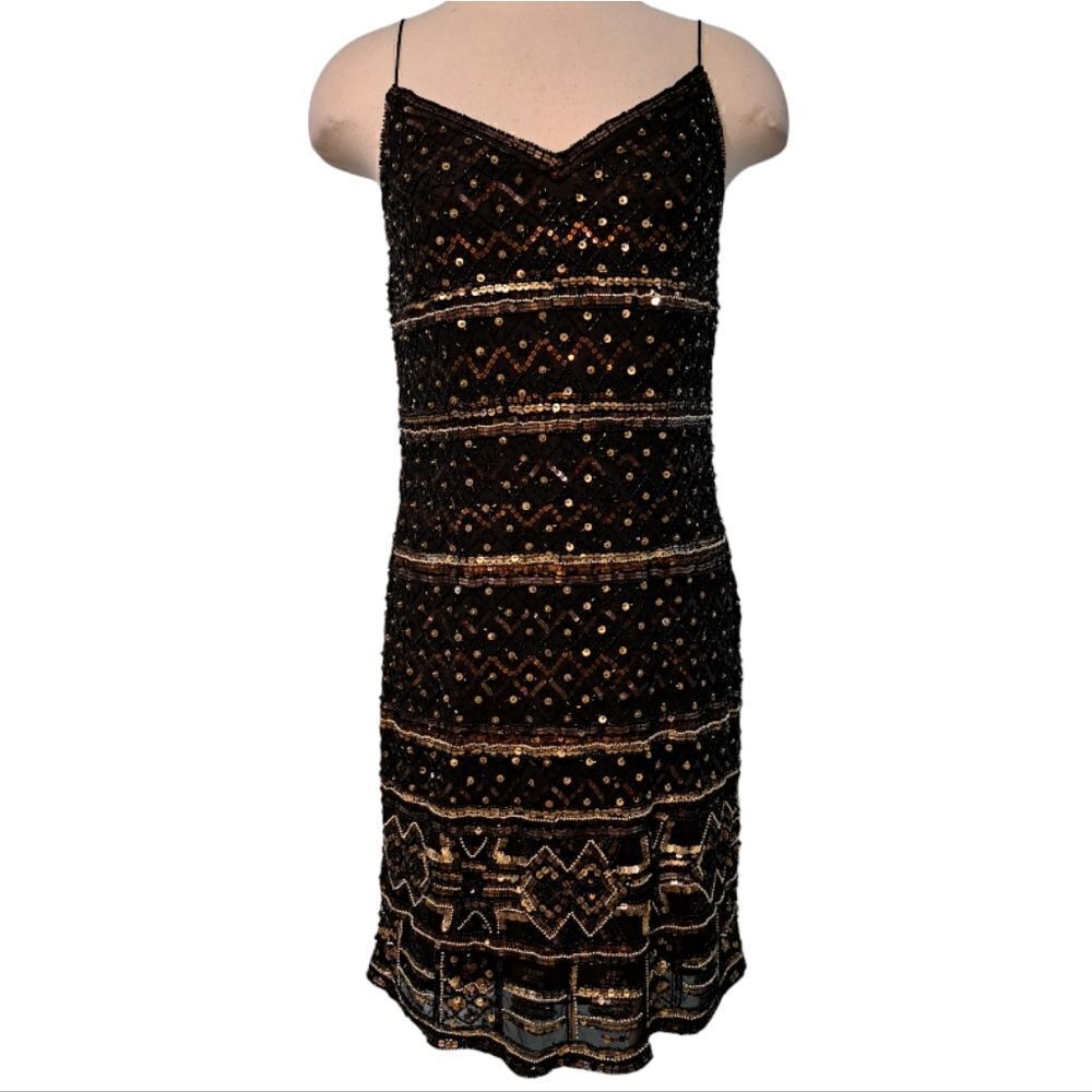 Theia Couture  Sleeveless Embellished Beaded Cocktail Dress Size 10 Black/Brown